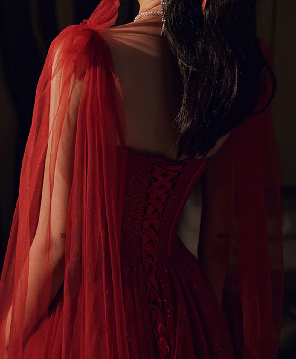 Burgundy Color Shiny Elegant Spaghetti Strap Long Tulle Sequin Ball Gown Evening Dress 8263