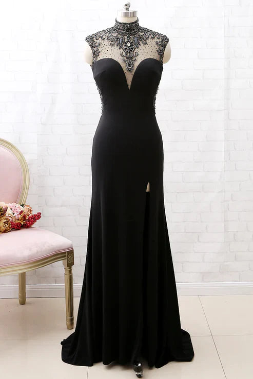Black Beaded Turtleneck Formal Tulle Mermaid Evening Gown Prom dresses Party Dress with Slits gh4897