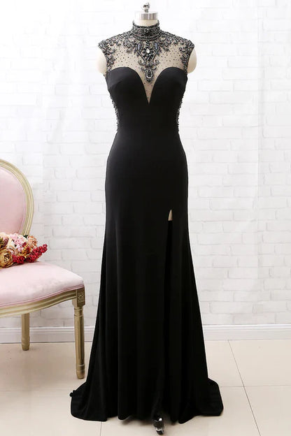 Black Beaded Turtleneck Formal Tulle Mermaid Evening Gown Prom dresses Party Dress with Slits gh4897