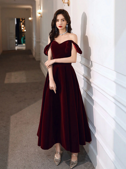 Simple Velvet Tea Length Prom Dresses, Burgundy Velvet Evening Dresses      fg5033