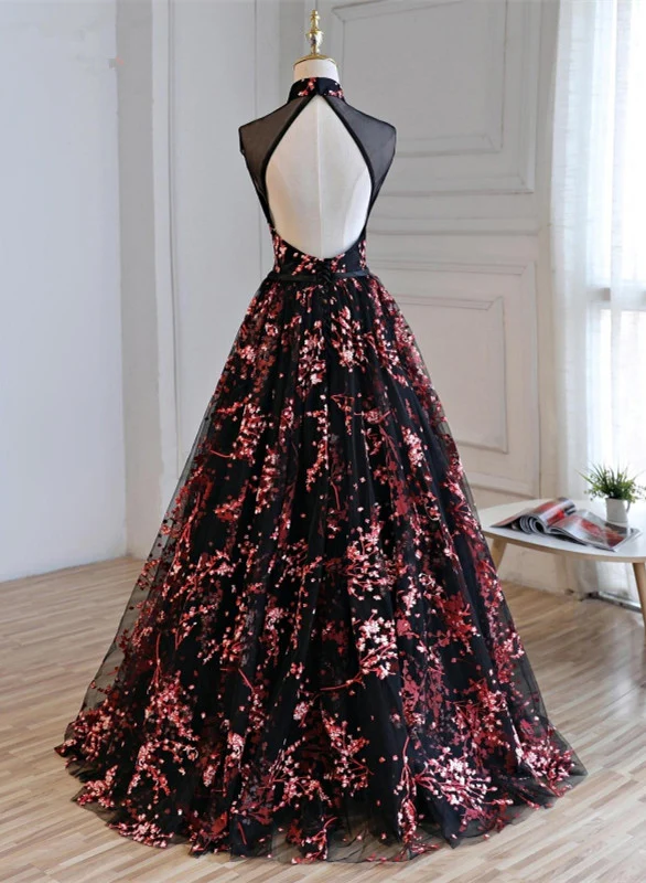 Gorgeous Black Tulle Long Formal Gown, Floral Evening Party Dress Prom Dress    cg12644