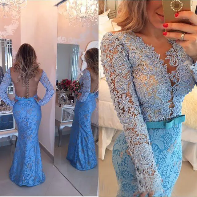 Prom Blue Fit To Flare Long Sleeves Floor Evening Dress  cg7696