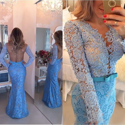 Prom Blue Fit To Flare Long Sleeves Floor Evening Dress  cg7696