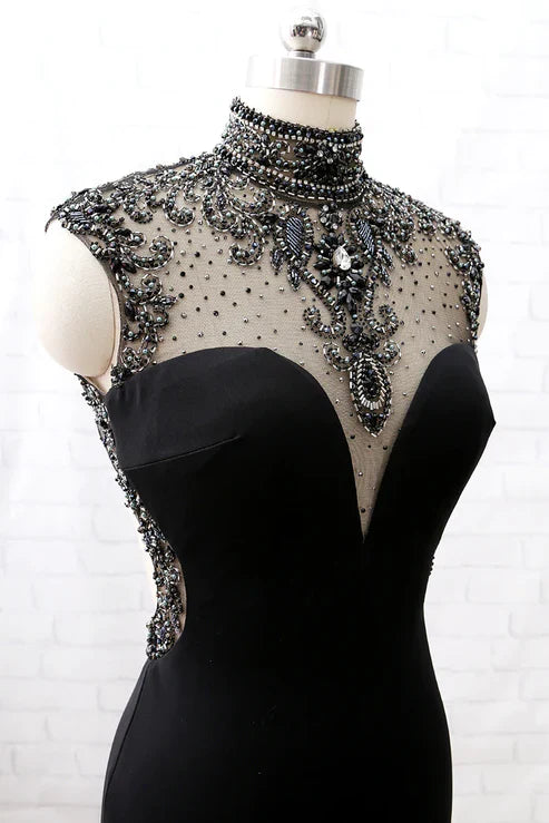 Black Beaded Turtleneck Formal Tulle Mermaid Evening Gown Prom dresses Party Dress with Slits gh4897