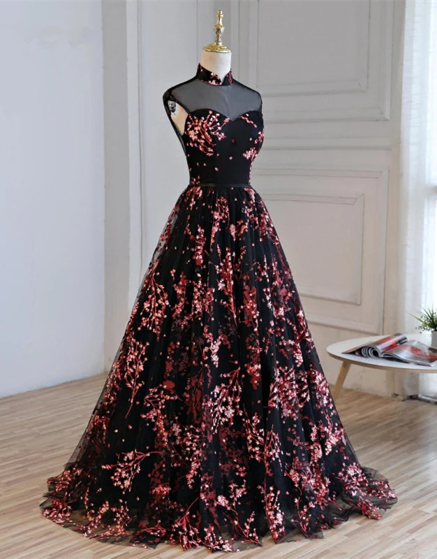 Gorgeous Black Tulle Long Formal Gown, Floral Evening Party Dress Prom Dress    cg12644