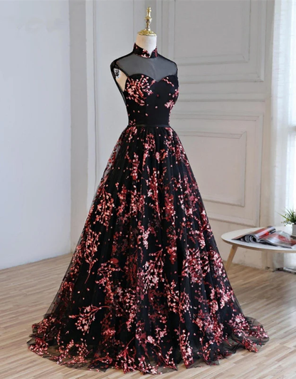 Gorgeous Black Tulle Long Formal Gown, Floral Evening Party Dress Prom Dress    cg12644