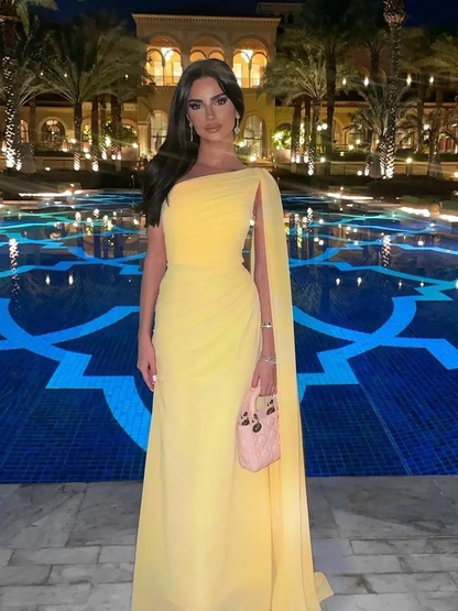 Yellow Chiffon One Shoulder Evening Dress Elegant Pleated Dubai Arabic Evening Gowns      fg5926