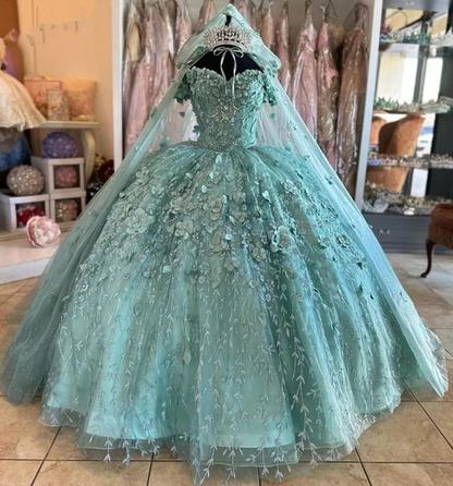 Mint Green Quinceanera Dresses with cape Floral Appliques Lace-up Back Corset prom Sweet 15 Girls Birthday Party dress      fg4290