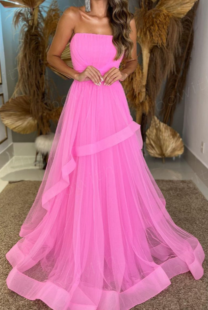 Tulle Layers Long Evening Dresses Strapless Maxi Prom Gown Floor Length Party Gowns      fg3898