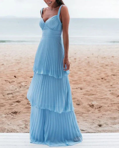 Blue simple fashion elegant V-neck layered chiffon charming long backless ball gown evening dress party dress gh3481