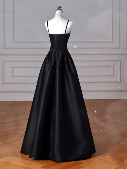 A-Line Sweetheart Neck Satin Black Long Prom Dress, Black Long Formal Dress    fg5014