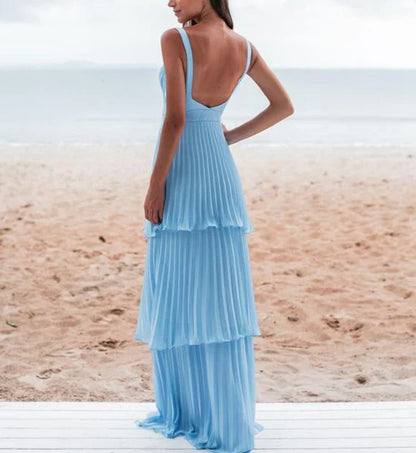 Blue simple fashion elegant V-neck layered chiffon charming long backless ball gown evening dress party dress gh3481