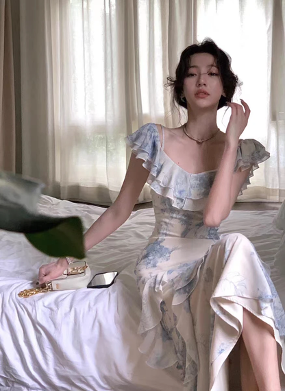 Summer New Women Elegent Slim Party Prom Print Ruffles Dress Female Fashion Party Dress     fg5009