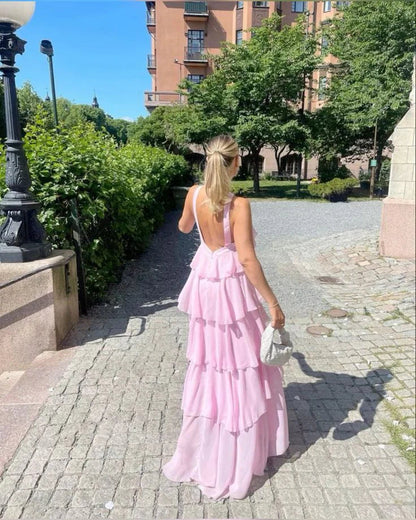 Pink suspenders fashion sweet A-line backless long chiffon tiered ball gown evening dress party dress gh2906