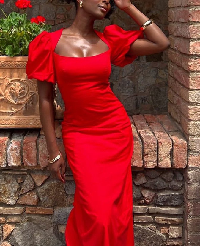 Sexy Puff Sleeves Gown Red Party Prom Evening Dress      fg6056