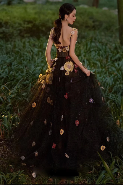 A Line Black Tulle Prom Dress With Flowers Puffy Quinceanera Dresses        fg3963