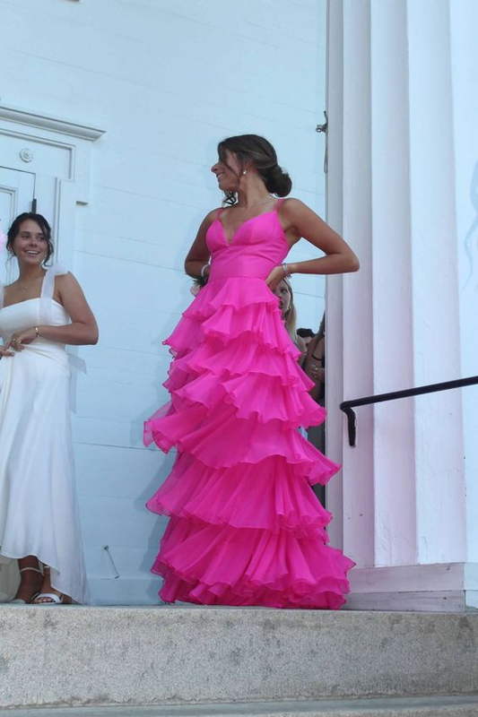 Hot Pink Spaghetti Straps Tiered Long Prom Dress gh2790