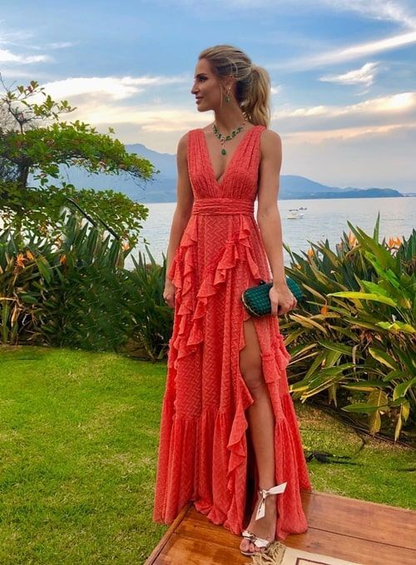 Orange fashion V-neck A-line tiered long elegant chiffon ruffle side slit Prom Dress evening dress wedding guest party dress gh2789