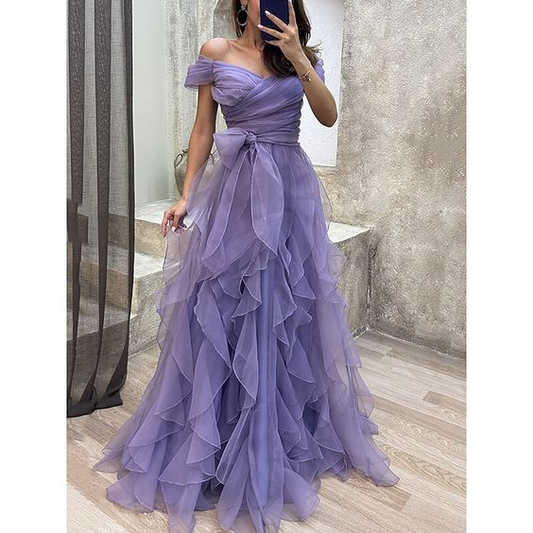 Purple elegant fashion A-line long layered ruffled tulle ball gown evening dress party dress gh2783