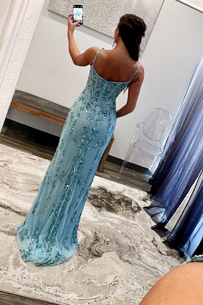Aqua Blue Mermaid Spaghetti Straps Sequin-Embroidered Long Prom Gown with Slit gh2618