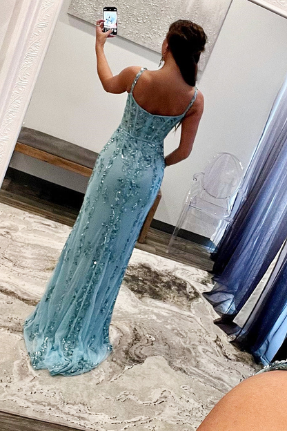 Aqua Blue Mermaid Spaghetti Straps Sequin-Embroidered Long Prom Gown with Slit gh2618