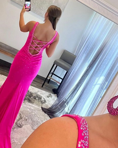 Rose Red V-neck Beading Mermaid Prom Dress with Side Slit gh2587