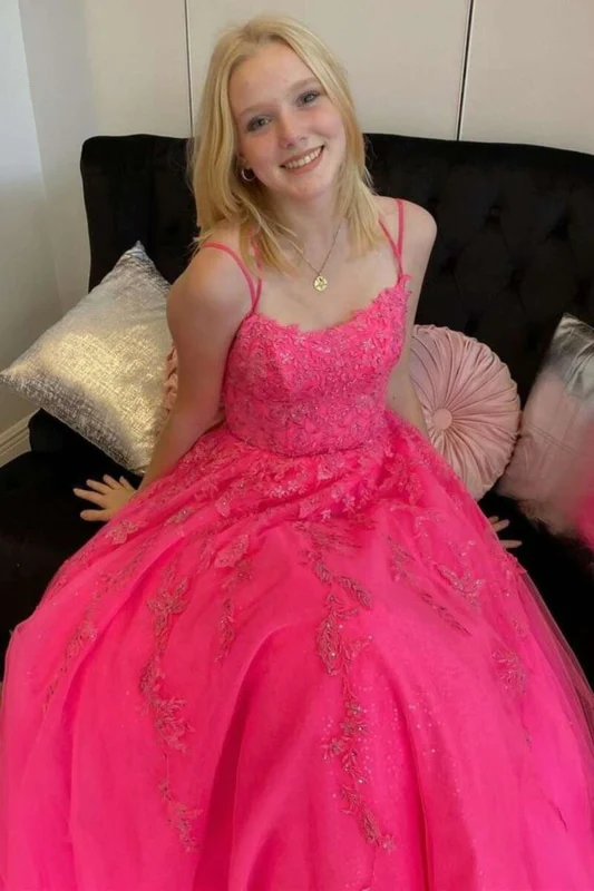 Open Back Hot Pink Tulle Lace Long Prom Dresses, Hot Pink Lace Formal Graduation Evening Dresses gh2605