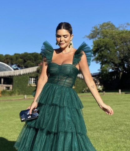 Hunter Green/Emerald Green A-Line Strap Tulle Tiered Long Prom Dress Party Dress gh2771