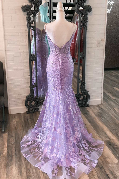 Lavender Floral Appliques Split Neck Mermaid Long Prom Dress gh2595