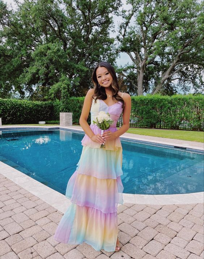 Spaghetti straps layered rainbow prom dress gh2898