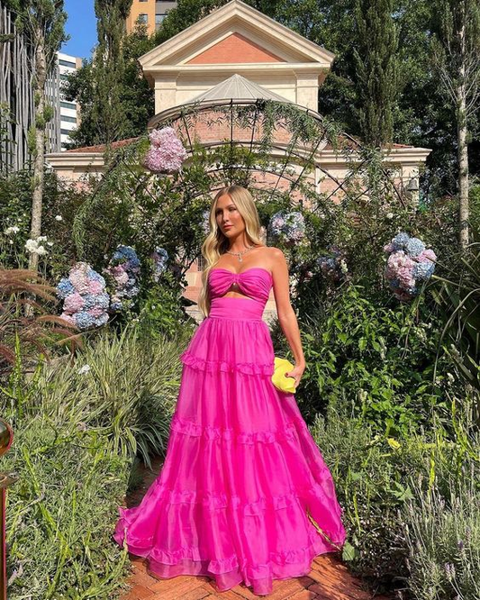 Hot Pink Formal Dress Sweetheart Tiered Evening Gown gh2831