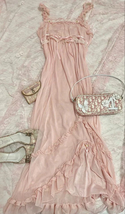 Pink Sweet Elegant Cute Lace Strap Ruffle A-Line Long  chiffon prom dress Evening Dress gh2937