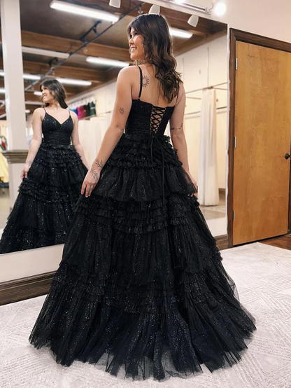 A-Line Deep V Neck Tiered Long Glitter Tulle Prom Dress gh2679