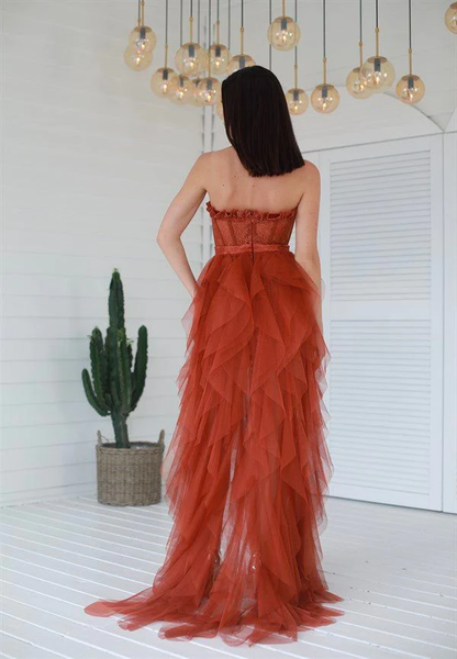 Elegant Rust Tiered Ruffles Tulle Prom Dress gh2708