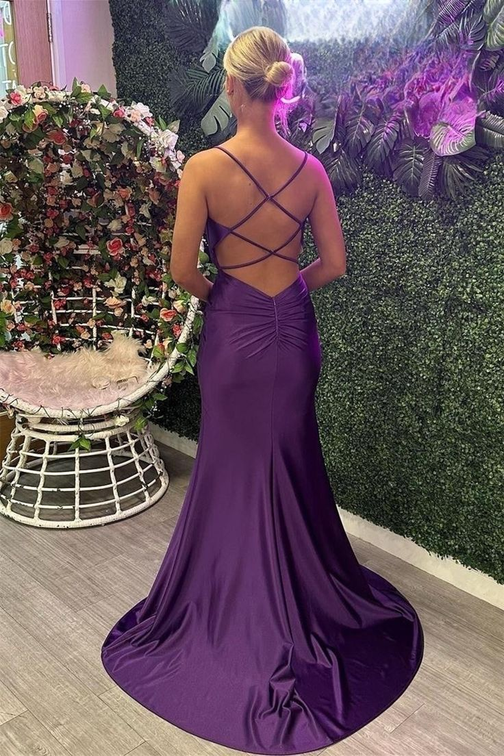 Grape Mermaid Straps Beaded Satin Long Prom Dress with Slit gh2923