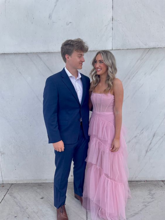 Spaghetti Straps A Line Pink Tulle Prom Dress gh2842