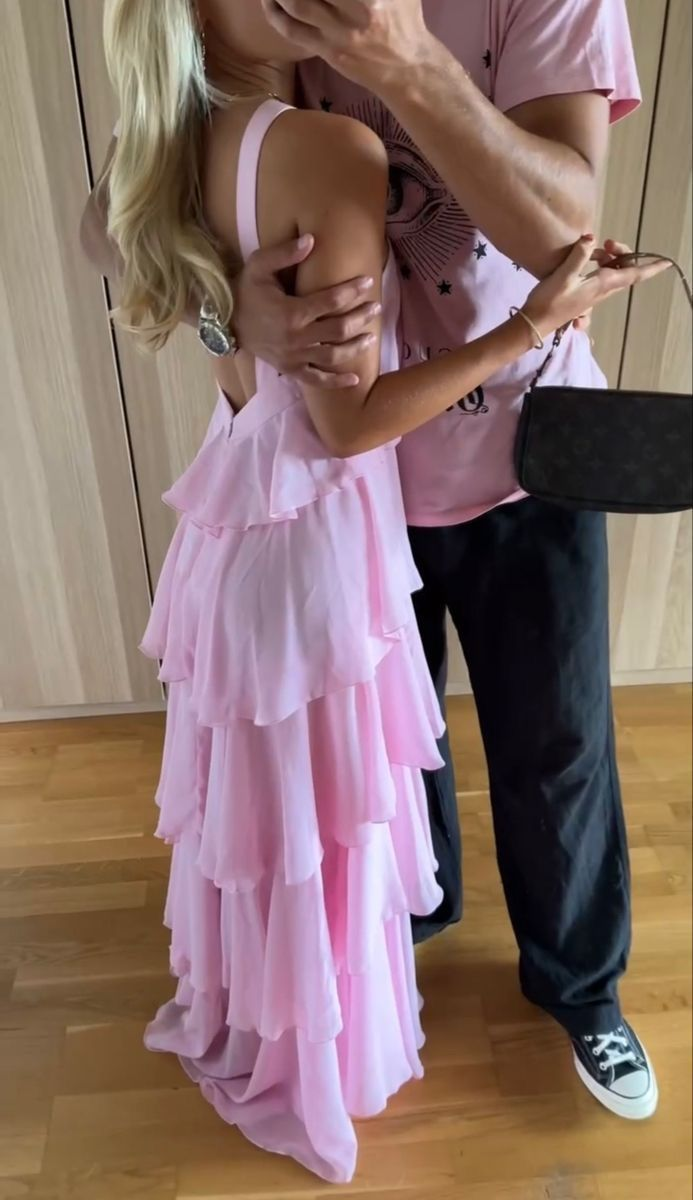 Pink suspenders fashion sweet A-line backless long chiffon tiered ball gown evening dress party dress gh2906