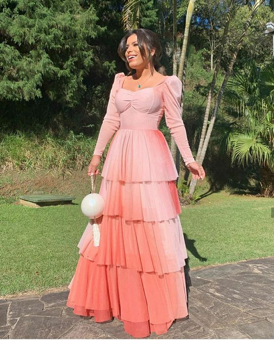 Pink Long Sleeves A Line Prom Dress gh2824