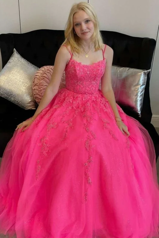 Open Back Hot Pink Tulle Lace Long Prom Dresses, Hot Pink Lace Formal Graduation Evening Dresses gh2605