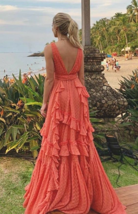 Orange fashion V-neck A-line tiered long elegant chiffon ruffle side slit Prom Dress evening dress wedding guest party dress gh2789