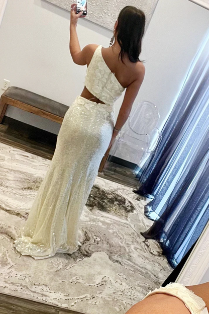 Ivory Mermaid One Shoulder Cut-Out Sequins Long Prom Gown with Slit gh2619