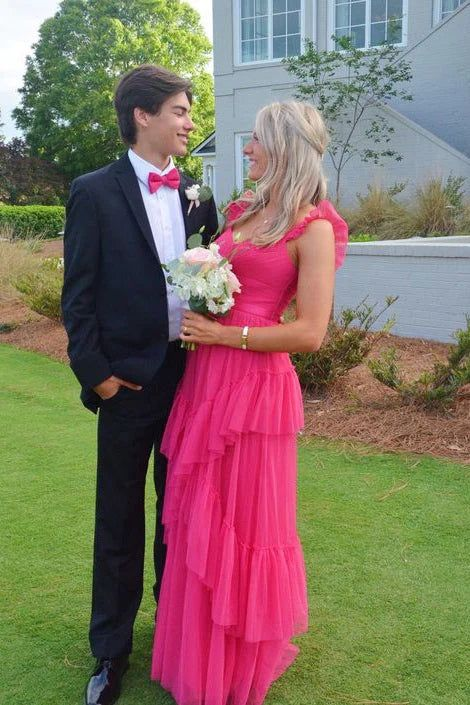 Pink fuchsia fashion elegant tulle flying sleeves shoulder straps long ruffled tulle formal floor-length prom dress evening gown party dress graduation dress gh2796