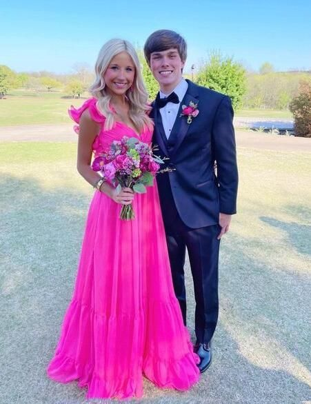 Elegant Hot Pink Long V Neck Prom Dresses gh2848