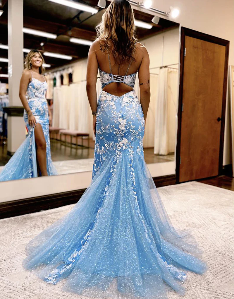 Mermaid Spaghetti Straps Lace Tulle Prom Dress with Slit gh2701