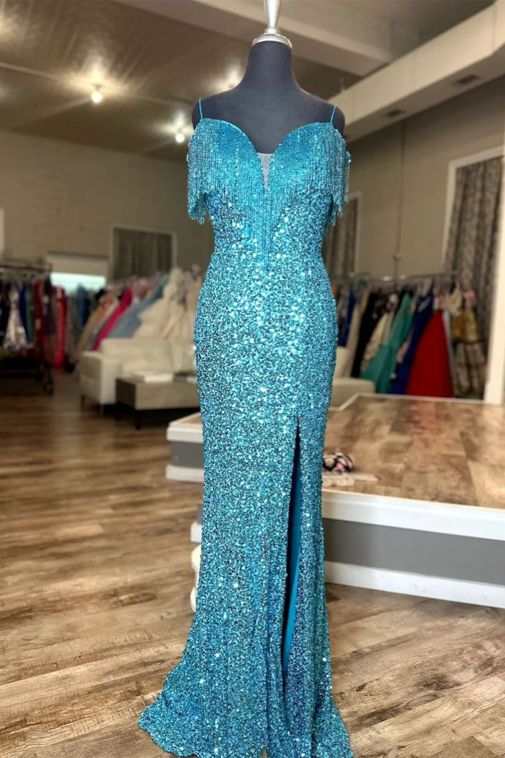 Sequins Tassels Cold Shouolder Long Prom Dress with Slit gh2967