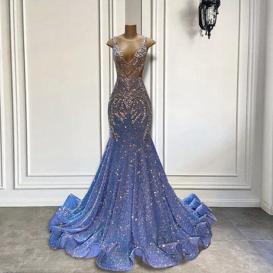 Light blue luxury gorgeous sparkling exquisite beading long floor-length ball gown mermaid slim silver crystal evening dress gh2656