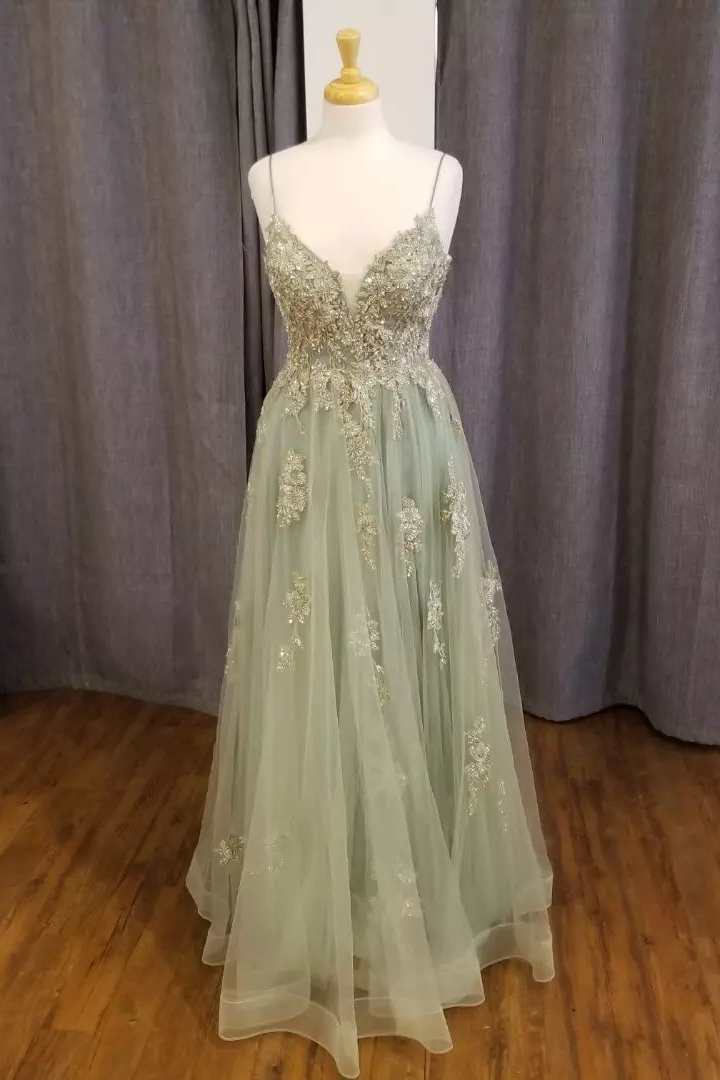 Sage Green Floral Appliques Straps A-Line Prom Dress gh2639