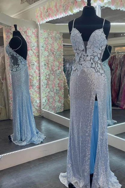 Straps Light Blue Elegant Sheath Evening Dresses Sequins Appliques Long Prom Dresses gh2655