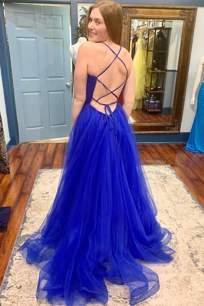 V Neck Backless Blue Tulle Long Prom Dresses with High Slit, Backless Blue Formal Graduation Evening Dresses gh2645
