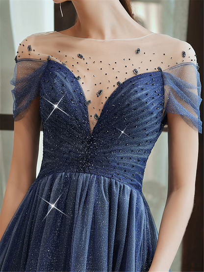 Starry Blue Prom Dress Off Shoulder Floral Event Dress Sparkling Long Party Dress Aline Event Dress Gradient Long Dress Fairy Glitter Dress gh2637